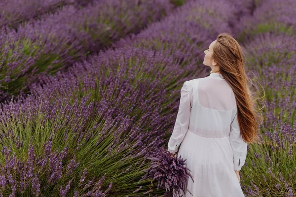 Young Woman Bouquet Blooming Lavender Field Female White Dress Fragrant — Stock Photo, Image