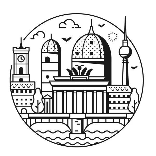 ドーム大聖堂 ブランデンブルク門 シティホール テレビ塔とベルリンでの旅行シーンは 建築のランドマークを刺激しました ドイツの首都有名な観光シンボル ラインアートデザインの円のアイコン — ストックベクタ