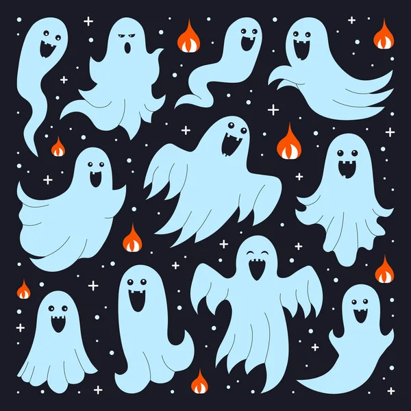 Funny Spooky Ghost Collection Halloween Designs Monochrome Set Hand Drawn — Stock Vector