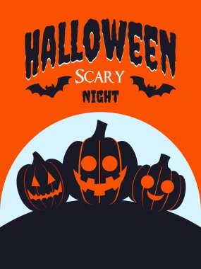 Cadılar Bayramı için korkunç bir davetiye kartı ya da ay ışığında balkabağı silueti olan bir poster. Cadılar Bayramı canavar parti broşürü ile balkabağı-fener.