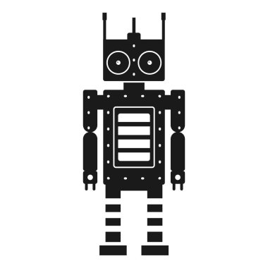 Komik retro robot silueti. Klasik klasik mekanik robot adam tasarımı. Teneke oyuncak geometrik robot siyah beyaz modele bürünüyor..