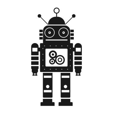 Komik retro robot silueti. Klasik klasik mekanik robot adam tasarımı. Teneke oyuncak geometrik robot siyah beyaz modele bürünüyor..