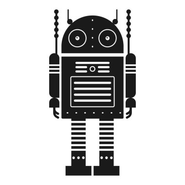 Komik retro robot silueti. Klasik klasik mekanik robot adam tasarımı. Teneke oyuncak geometrik robot siyah beyaz modele bürünüyor..