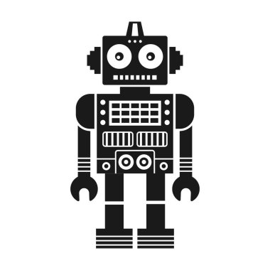 Komik retro robot silueti. Klasik klasik mekanik robot adam tasarımı. Teneke oyuncak geometrik robot siyah beyaz modele bürünüyor..