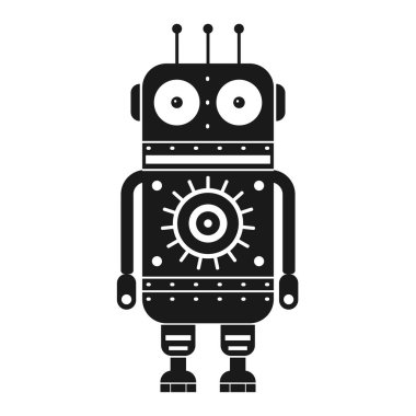 Komik retro robot silueti. Klasik klasik mekanik robot adam tasarımı. Teneke oyuncak geometrik robot siyah beyaz modele bürünüyor..
