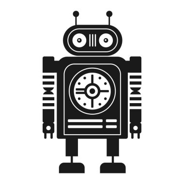 Komik retro robot silueti. Klasik klasik mekanik robot adam tasarımı. Teneke oyuncak geometrik robot siyah beyaz modele bürünüyor..