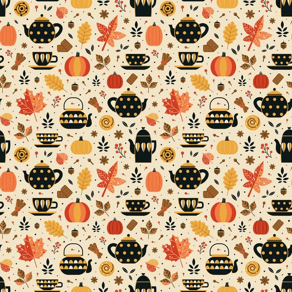 Autumn Mood Pattern Tea Pots Fallen Leaves Pumpkin Spices Pastry — Stock Vector