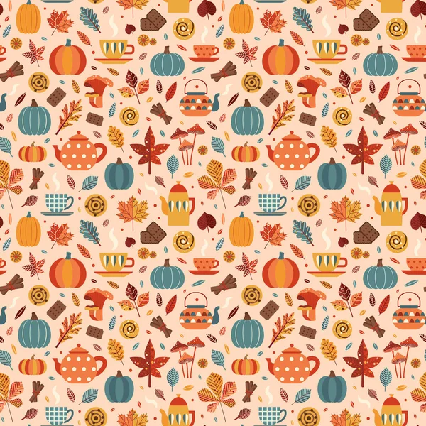 Autumn Mood Pattern Tea Pots Fallen Leaves Pumpkin Spices Pastry — Stock Vector