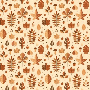 Sonbahar yaprakları deseni. Oak, akçaağaç, kestane, ıhlamur, kavak, ceviz ve rovan yaprakları çizgi film tarzında dökülüyor. Tekstil veya ambalaj kağıdı için sonbahar ormanı baskısı.