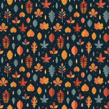 Sonbahar yaprakları deseni. Oak, akçaağaç, kestane, ıhlamur, kavak, ceviz ve rovan yaprakları çizgi film tarzında dökülüyor. Tekstil veya ambalaj kağıdı için sonbahar ormanı baskısı.