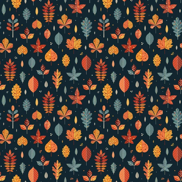 秋天的叶子图案 落叶无缝背景与橡木 核桃和划船叶的卡通风格 纺织品或包装纸的秋天心情 森林印花 — 图库矢量图片