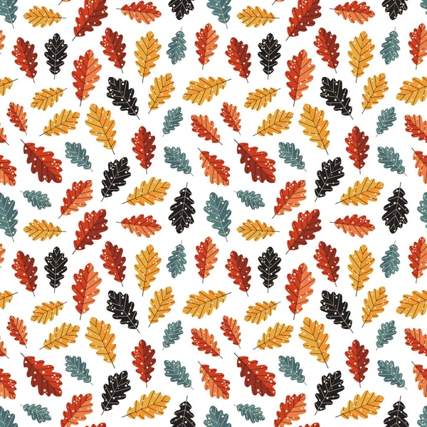 秋のオークはパターンを残しています 漫画のスタイルで葉のシームレスな背景を落とします テキスタイルやラッピングペーパー用の秋の気分森のプリント — ストックベクタ