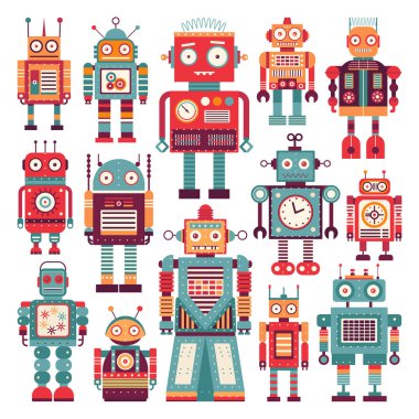 Retro robotlar renkli set. Düz dizaynlı klasik klasik mekanik oyuncaklar. Teneke oyuncak robot takımı koleksiyonu. Uzay siborgları ve eski moda geometrik simgeler.