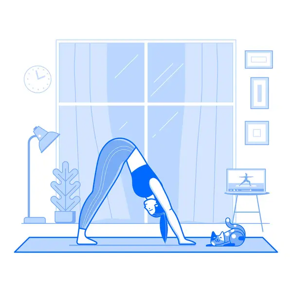 Femme Pratiquant Yoga Avec Chat Maison Salon Regarder Des Cours — Image vectorielle