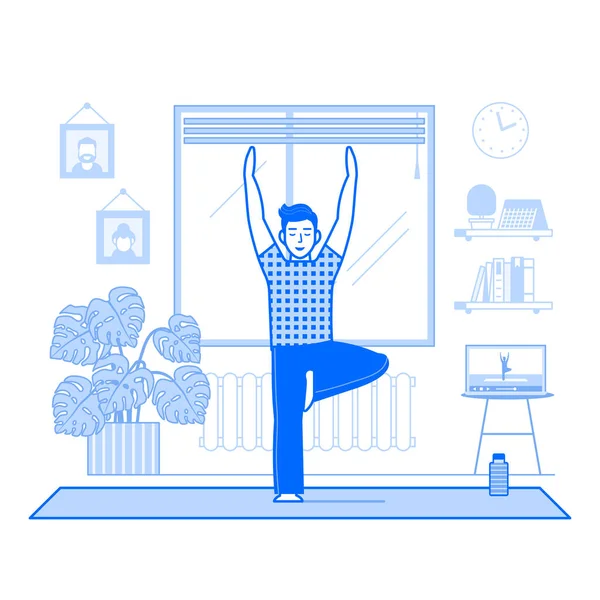 Homme Pratiquant Yoga Intérieur Maison Salon Regarder Des Cours Ligne — Image vectorielle