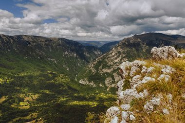 Durmitor Milli Parkı 'ndaki Tara Nehri Kanyonu, Djurdjevich Köprüsü' nün yanında. Avrupa 'nın en derin nehir vadisi, Karadağ' ın ünlü turistik cazibesi ve doğal manzarası, güneşli yaz gününde panorama.