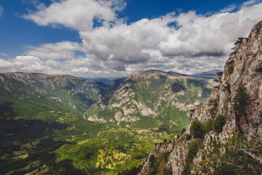 Durmitor Milli Parkı 'ndaki Tara Nehri Kanyonu, Djurdjevich Köprüsü' nün yanında. Avrupa 'nın en derin nehir vadisi, Karadağ' ın ünlü turistik cazibesi ve doğal manzarası, güneşli yaz gününde panorama.