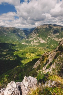 Durmitor Milli Parkı 'ndaki Tara Nehri Kanyonu, Djurdjevich Köprüsü' nün yanında. Avrupa 'nın en derin nehir vadisi, Karadağ' ın ünlü turistik cazibesi ve doğal manzarası, güneşli yaz gününde panorama.