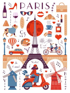 Paris vintage travel poster with woman riding scooter, Eiffel tower, retro car and fashion cliparts. French design elements collection of iconic landmarks, traditional food and cultural symbols. clipart