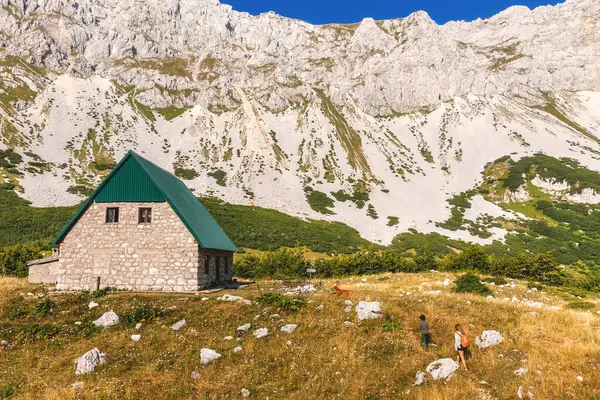 Summer mountain landscape with stone cabin in Durmitor National Park, Dinaric Alps, Montenegro. Woman with son and dog walking toward hut near Skrcko glacial lakes. Small people in large landscape.