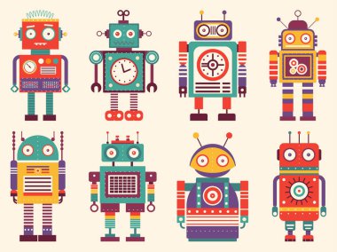 Retro robotlar renkli set. Düz dizaynlı klasik klasik mekanik oyuncaklar. Teneke oyuncak robot takımı koleksiyonu. Uzay siborgları ve eski moda geometrik simgeler.