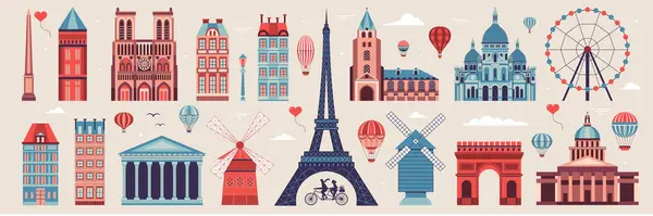 Paris Vintage Web Banner Travel Monuments Popular Buildings Air Balloons — Stock Vector