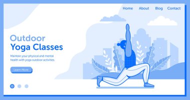 Yoga dersleri için açık havada, yatay afişte yoga yapan bir adam. Şehir parkında egzersiz yapan adam. Sağlıklı yaşam tarzı iniş sayfası veya şablonu yoga minderinde erkek fitness ile.