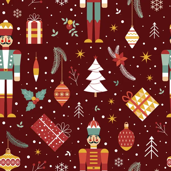 Christmas Seamless Pattern Soldier Nutcracker Man Snowflakes Retro Toys Berries — Stock Vector