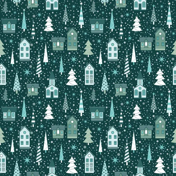 Vintage Wzór Bożego Narodzenia Drzewami Wakacyjnymi Urządzone Świąteczne Domy Śniegu — Wektor stockowy