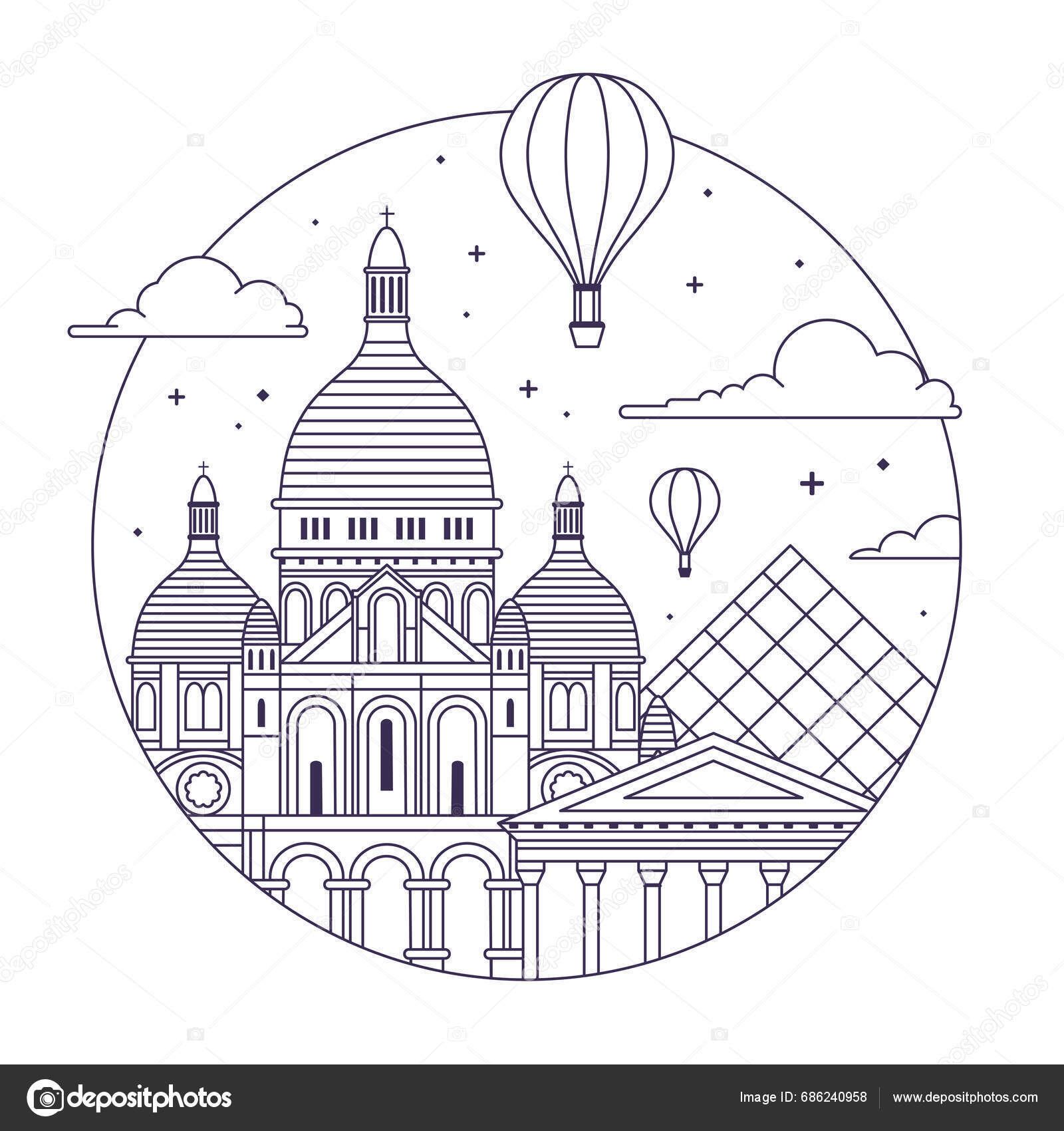 Paris Travel Icon Emblem Circle Shape Air Balloons Sacre Coeur Stock Vector  by ©krugli86@gmail.com 686240958