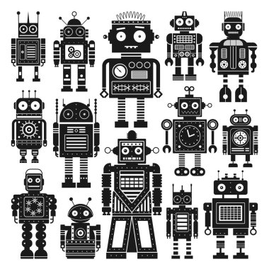 Retro robotlar tek renk seti. Tasarımda klasik klasik mekanik oyuncaklar. Teneke oyuncak robot takımı koleksiyonu. Uzay siborgları ve eski model vektör simgelerini oluşturur.