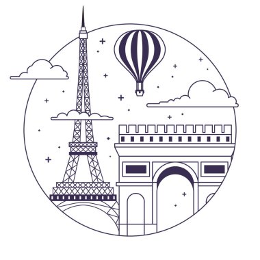 Hava balonu, Eyfel kulesi ve Zafer Kemeri şeklinde daire şeklinde Paris seyahat ikonu veya amblemi. Fransa sanat tasarımında tatil illüstrasyonu.