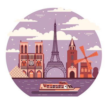 Fransa 'nın ünlü mimari simgeleri ve şehir manzarasıyla Paris nehir gezisi illüstrasyonu. Seine Nehri 'nde turist teknesi ve arka planda Eyfel Kulesi ile Fransa seyahati kavramı.