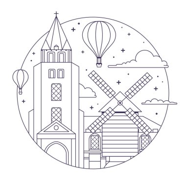 Paris seyahat ikonu ya da amblemi, hava balonu, St Germain des Pres kilisesi ve Fransız değirmeni şeklinde daire şeklinde. Fransa sanat tasarımında tatil illüstrasyonu.