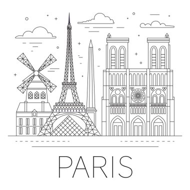 Paris şehir çizgisi sanat web pankartı. Eiffel Kulesi, Katedral ve dikilitaşlı tek renkli gökyüzü çizimi. Popüler Paris gösterileri ve mimari simgeleri.