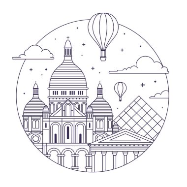 Hava balonları, Sacre Coeur kilisesi ve ünlü müze piramidi ile daire şeklinde Paris seyahat ikonu veya amblemi. Kutsal Yürek Bazilikası 'nın sanat tasarımı sırasında Fransa' da tatil illüstrasyonu.