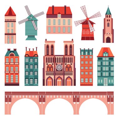 Fransız mimari eserleri, geleneksel evler ve Paris ve Fransa 'nın ünlü binaları. Katedral, değirmen ve ortaçağ ticaret evleri gibi..