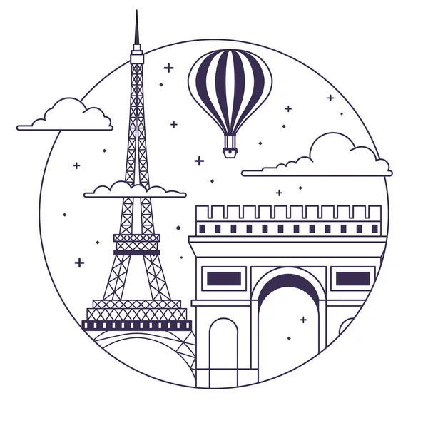 Paris Travel Icon Emblem Circle Shape Air Balloon Eiffel Tower — Stock Vector