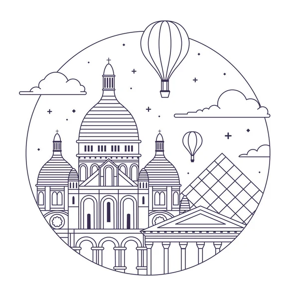 Hava balonları, Sacre Coeur kilisesi ve ünlü müze piramidi ile daire şeklinde Paris seyahat ikonu veya amblemi. Kutsal Yürek Bazilikası 'nın sanat tasarımı sırasında Fransa' da tatil illüstrasyonu.