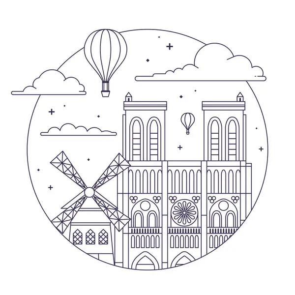 Paris Travel Icon Emblem Circle Shape Air Balloon Notre Dame — Stock Vector