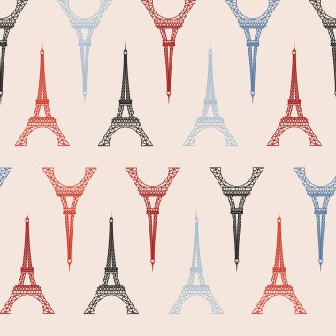 Eyfel Kulesi sembollü Paris deseni. Fransa 'ya tekstil ve ambalaj kağıtları için popüler turizm belgesiyle sorunsuz bir arka plan yolculuğu.