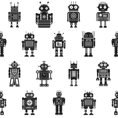Retro robotlar ve klasik klasik mekanik oyuncaklar. Teneke oyuncaklı siyah beyaz süs. Tek renkli uzay siborgları ve eski modeller arka planda tekrarlanıyor.