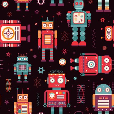 Eski robotlar ve eski oyuncak kalıpları. Klasik eski usul mekanik oyuncaklar renkli süsler. Uzay siborgları ve eski modeller tekstil ve kumaş tasarımları için kusursuz bir arkaplan oluşturuyorlar..