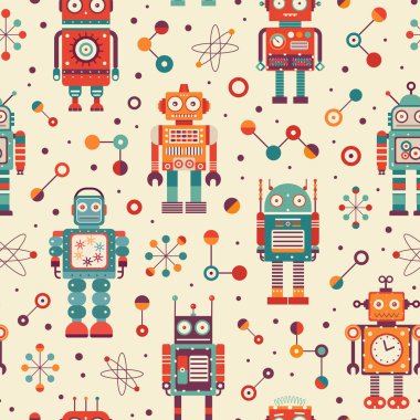 Eski robotlar ve eski oyuncak kalıpları. Klasik eski usul mekanik oyuncaklar renkli süsler. Uzay siborgları ve eski modeller tekstil ve kumaş tasarımları için kusursuz bir arkaplan oluşturuyorlar..