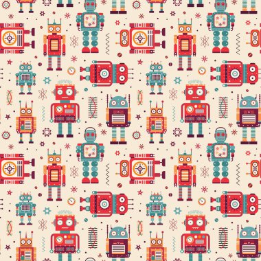 Eski robotlar ve eski oyuncak kalıpları. Klasik eski usul mekanik oyuncaklar renkli süsler. Uzay siborgları ve eski modeller tekstil ve kumaş tasarımları için kusursuz bir arkaplan oluşturuyorlar..