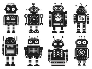 Retro robotlar tek renk seti. Tasarımda klasik klasik mekanik oyuncaklar. Teneke oyuncak robot takımı koleksiyonu. Uzay siborgları ve eski model vektör simgelerini oluşturur.
