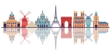 Paris şehrinin ufuk çizgisi sanat web afişi. Eyfel Kulesi, Pantheon ve dönme dolabı olan şehir manzarası çizimi. Popüler Paris gösterileri ve mimari simgeleri.