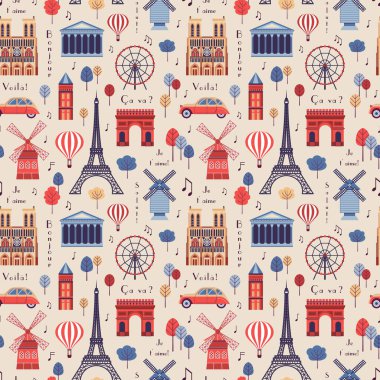 Fransa 'nın mimari sembolleri ve simgeleriyle Paris deseni. Eyfel Kulesi, Notre Dame, Arc de Triomphe, Pantheon ve daha fazlası klasik Fransız kusursuz arka plan üzerine.