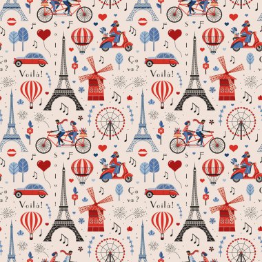 Paris deseninde Fransa 'nın ünlü sembolleri var. Eyfel Kulesi, Moulin Rouge değirmeni ve klasik dikişsiz arka planda dönme dolap. Sıcak hava balonları iki kişilik bisiklet ve scooter kullanan insanlarla dolu..