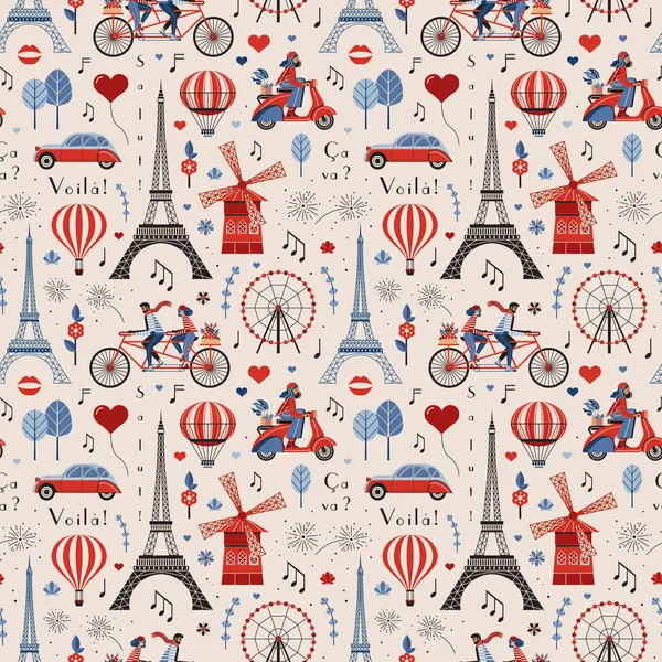 Paris Pattern Famous Symbols France Eiffel Tower Moulin Rouge Mill — Stock Vector